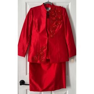 Ben Marc International Women's Red Satin Floral Embroidery 3Pcs. Suit Set Size 6